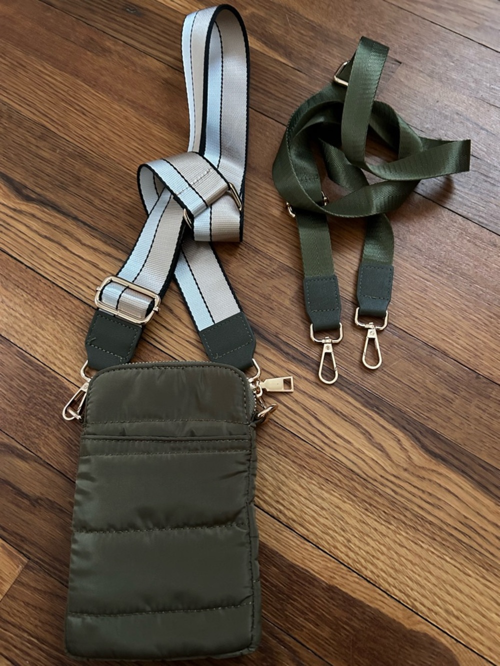 Olive Green Quilted Crossbody Phone Bag with Adjustable Strap
